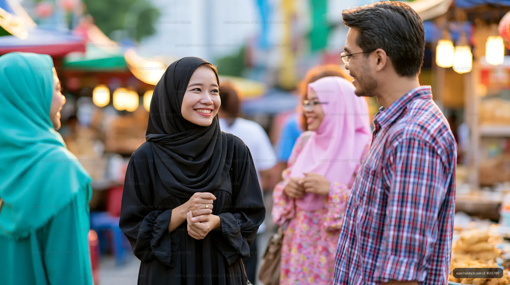 Smiling people talking in a vibrant outdoor market