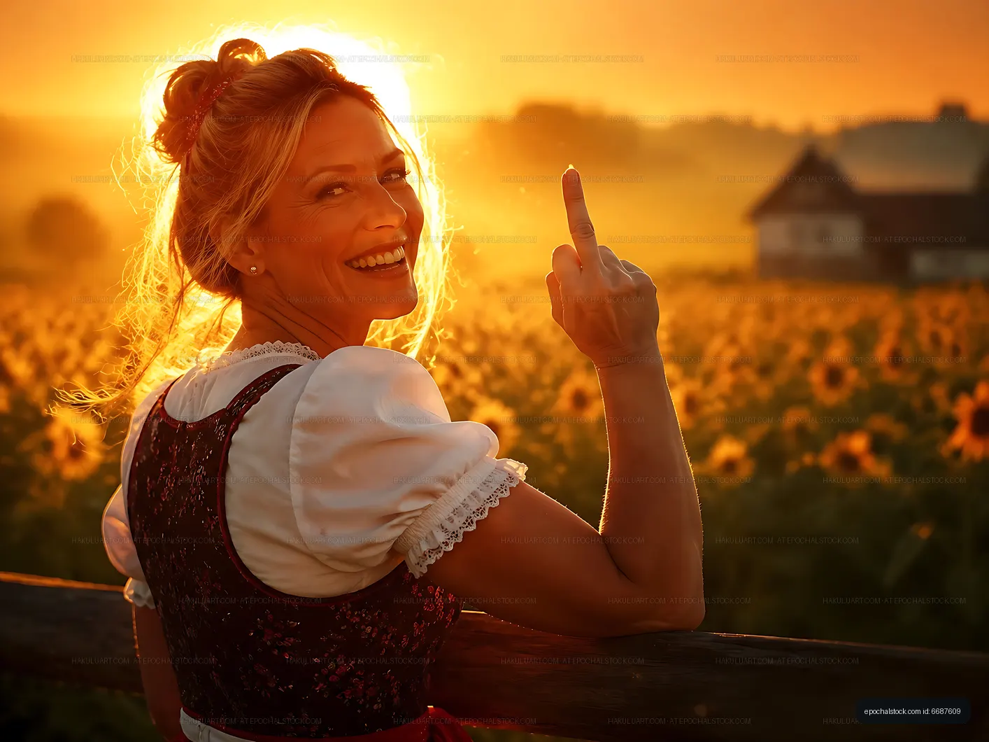 Woman smiling in sunflower field at sunset