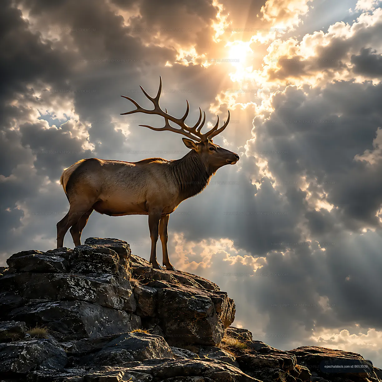 Elk standing on rocks under cloudy sky with sunlight rays