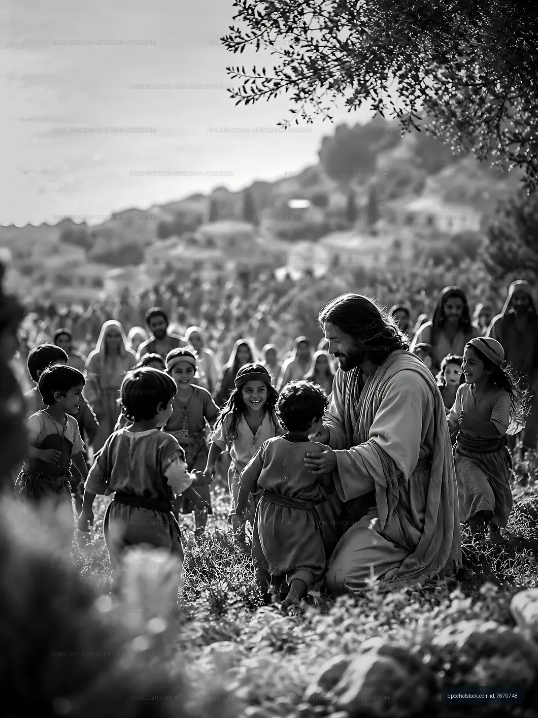 Children gather around a figure in a natural outdoor setting