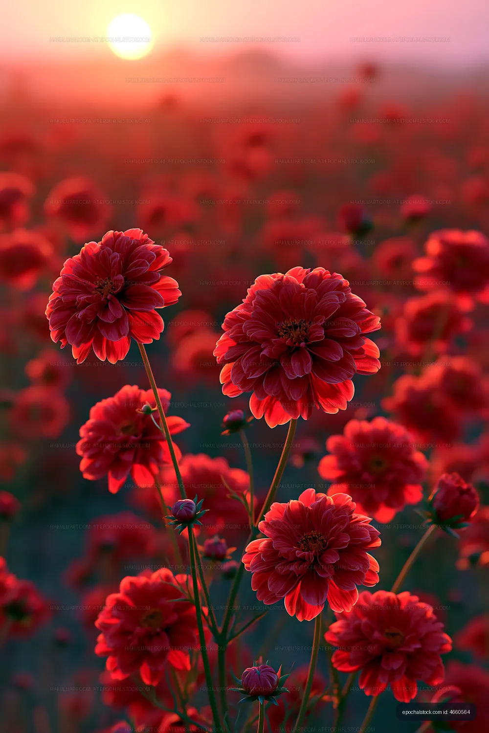 Red flowers bloom under a setting sun in a field