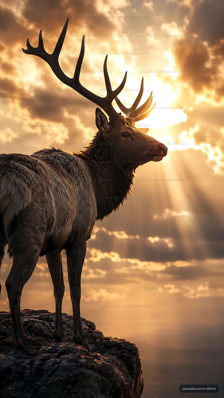 Elk standing on a rocky outcrop at sunset with sun rays shining
