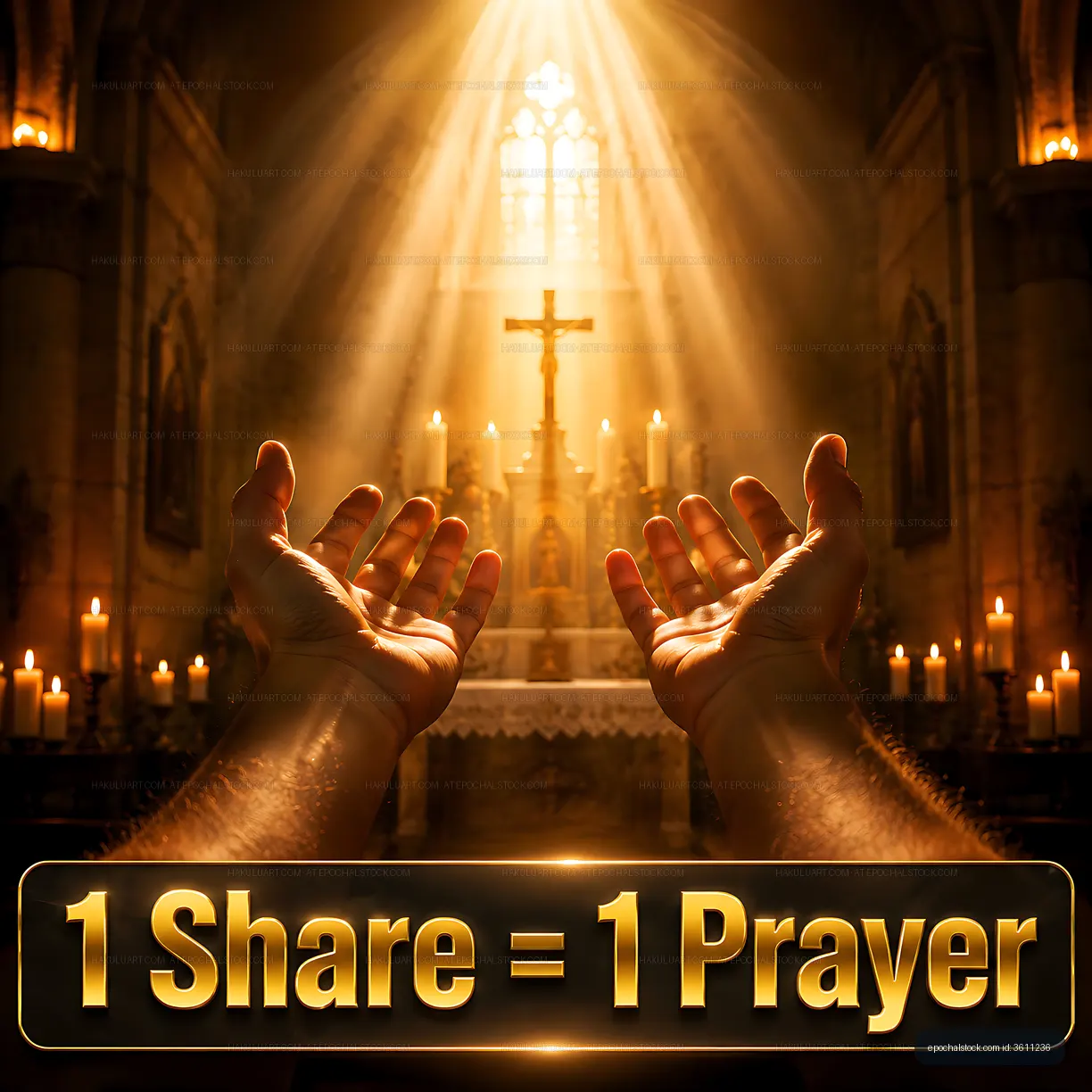 Hands raised in a church with light shining above the altar