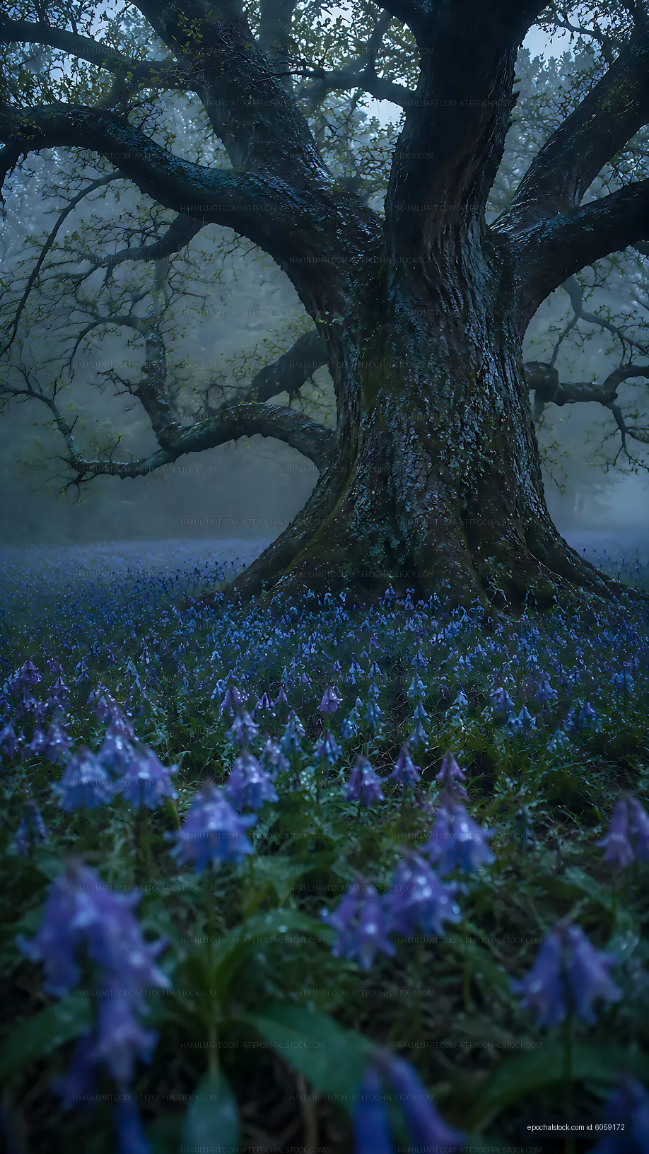 Majestic tree surrounded by blue flowers in misty forest