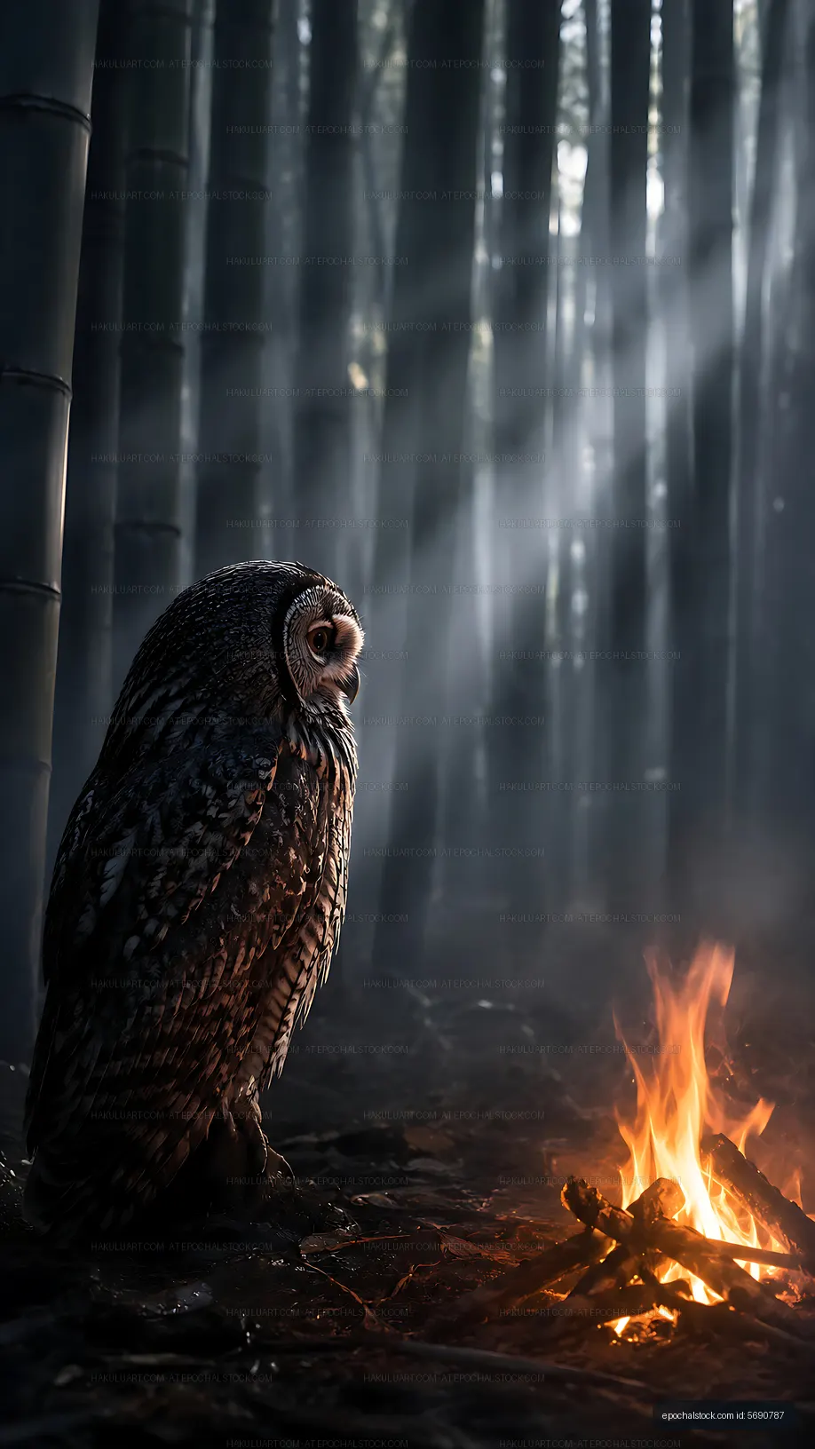 Owl sitting near a fire in a dark forest with sunlight rays