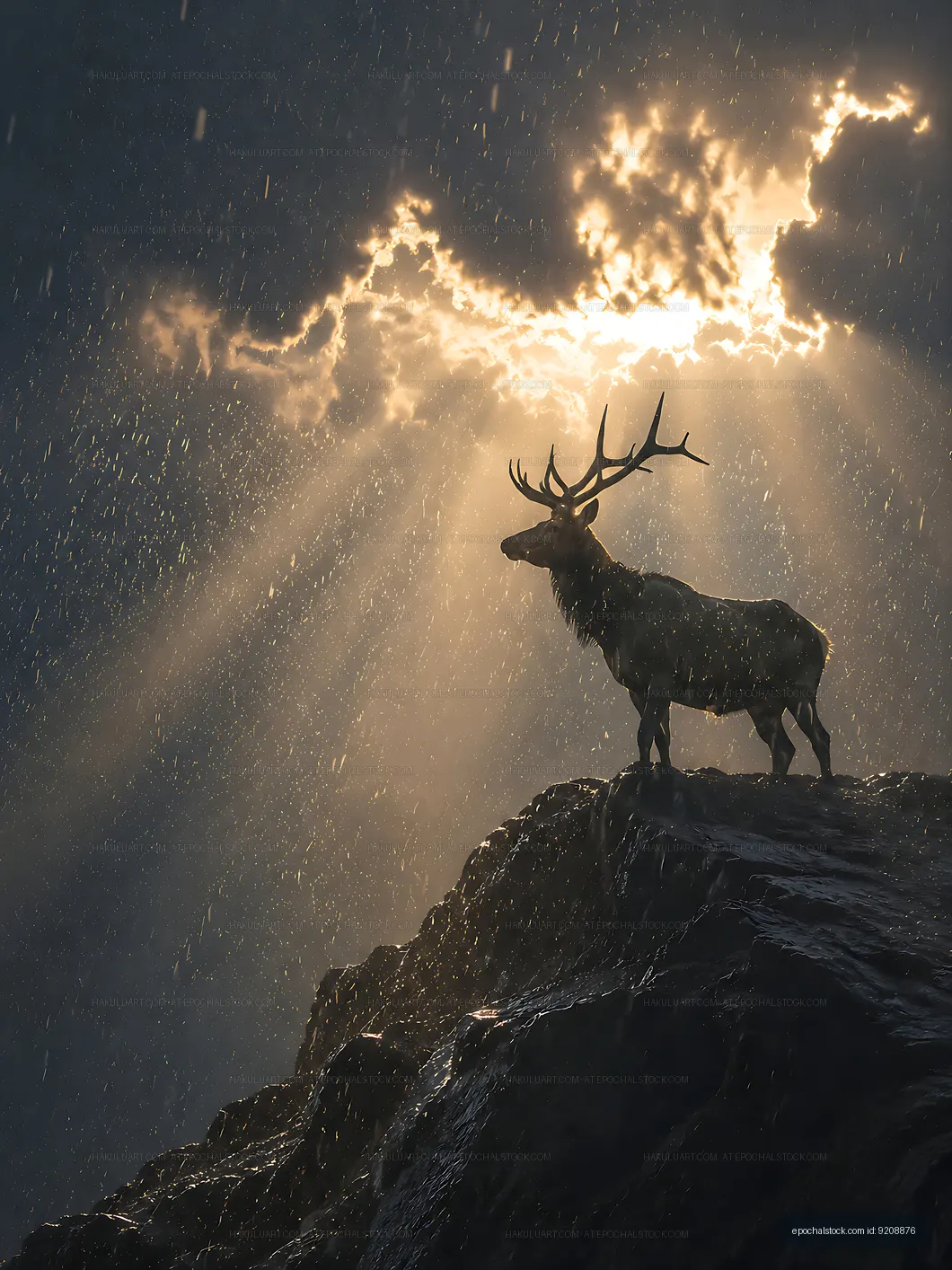 Majestic stag standing on a rock during rainstorm with sun rays