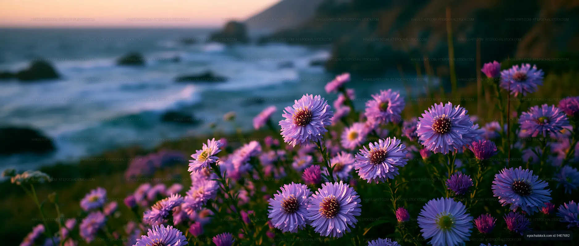 Colorful flowers beside ocean waves at sunset
