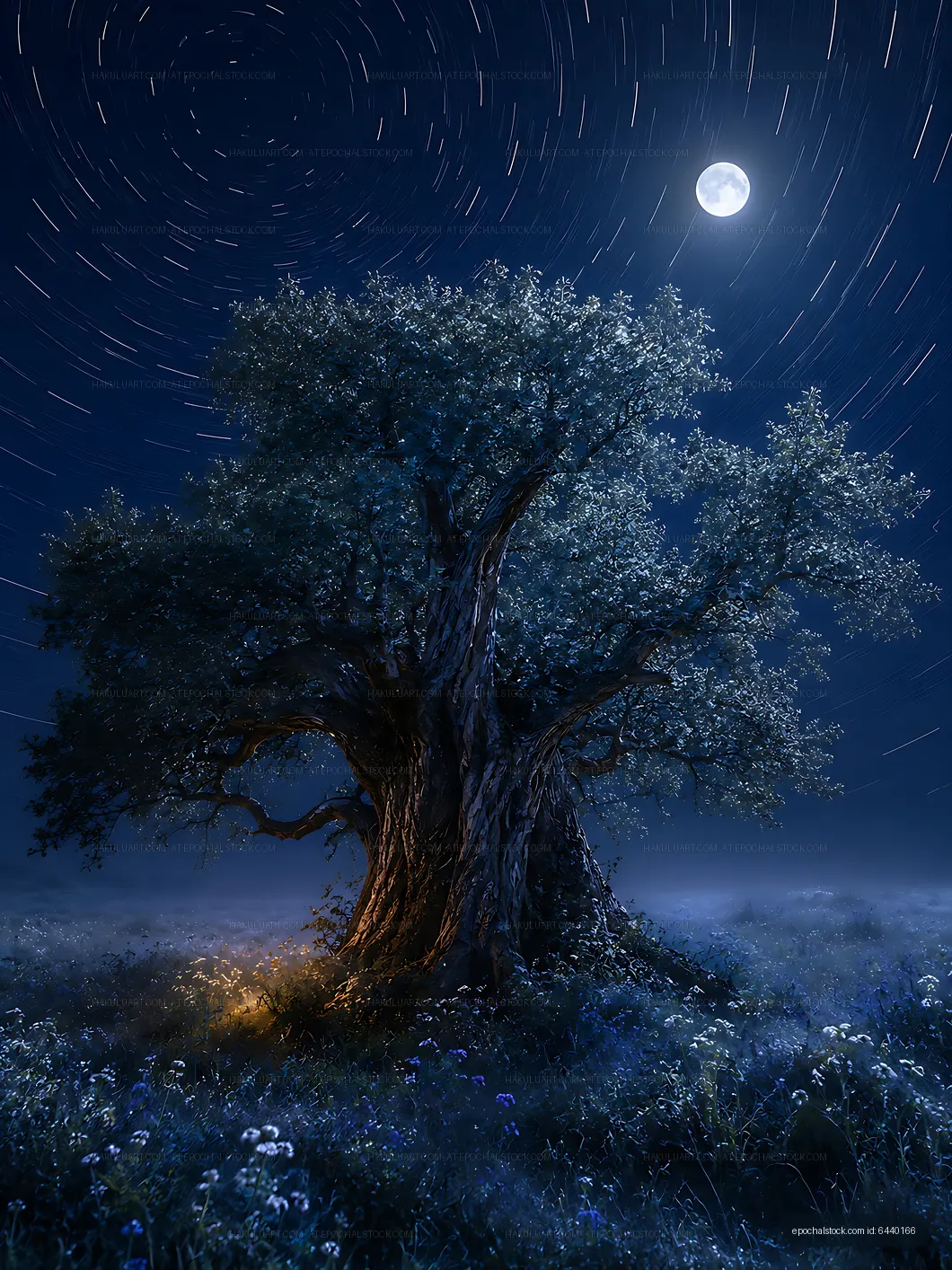 Old tree under a full moon in a dark night sky