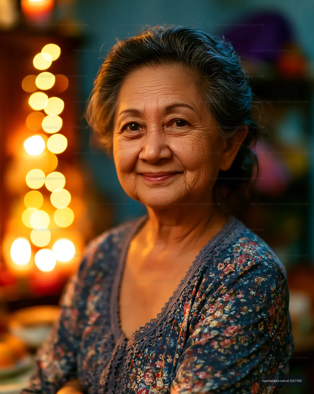 Senior woman smiling in cozy indoor setting with warm lights
