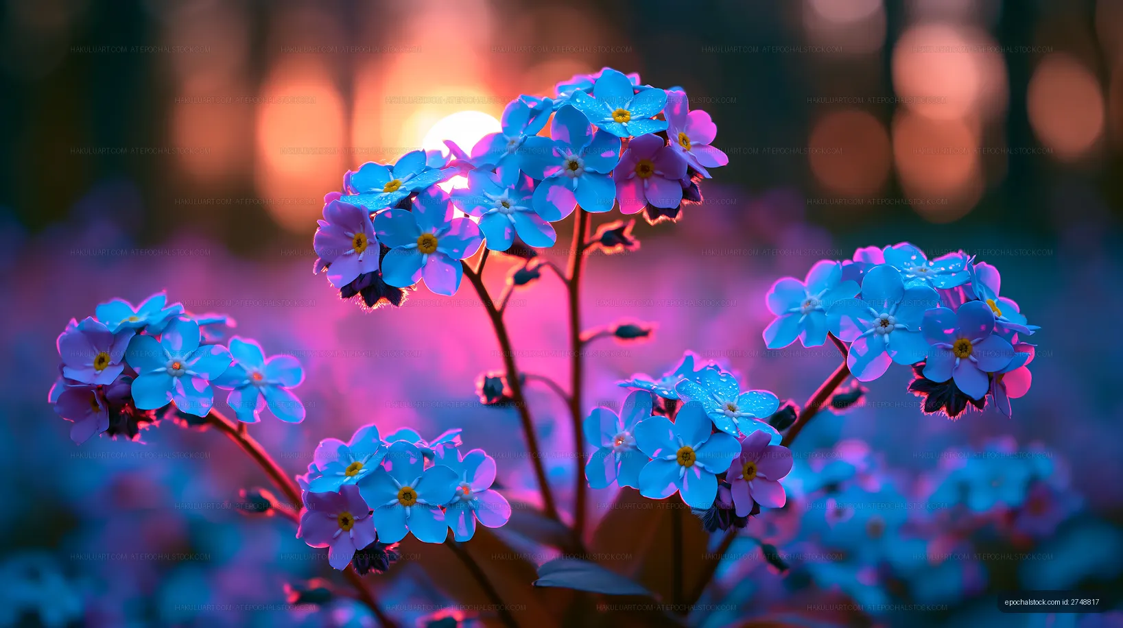 Vibrant flowers bloom at sunset in a natural setting