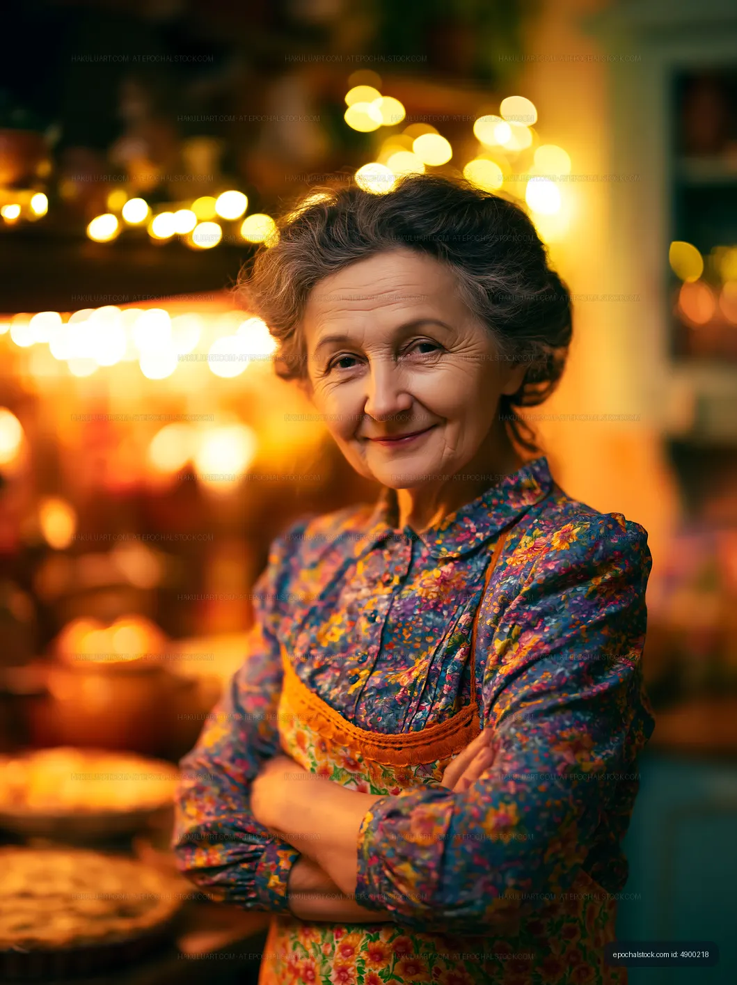 Senior woman stands in kitchen with warm lights in background
