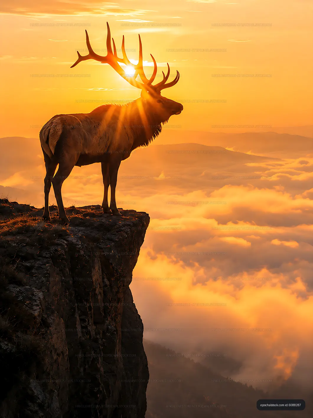 Stag standing on cliff during sunset above the clouds