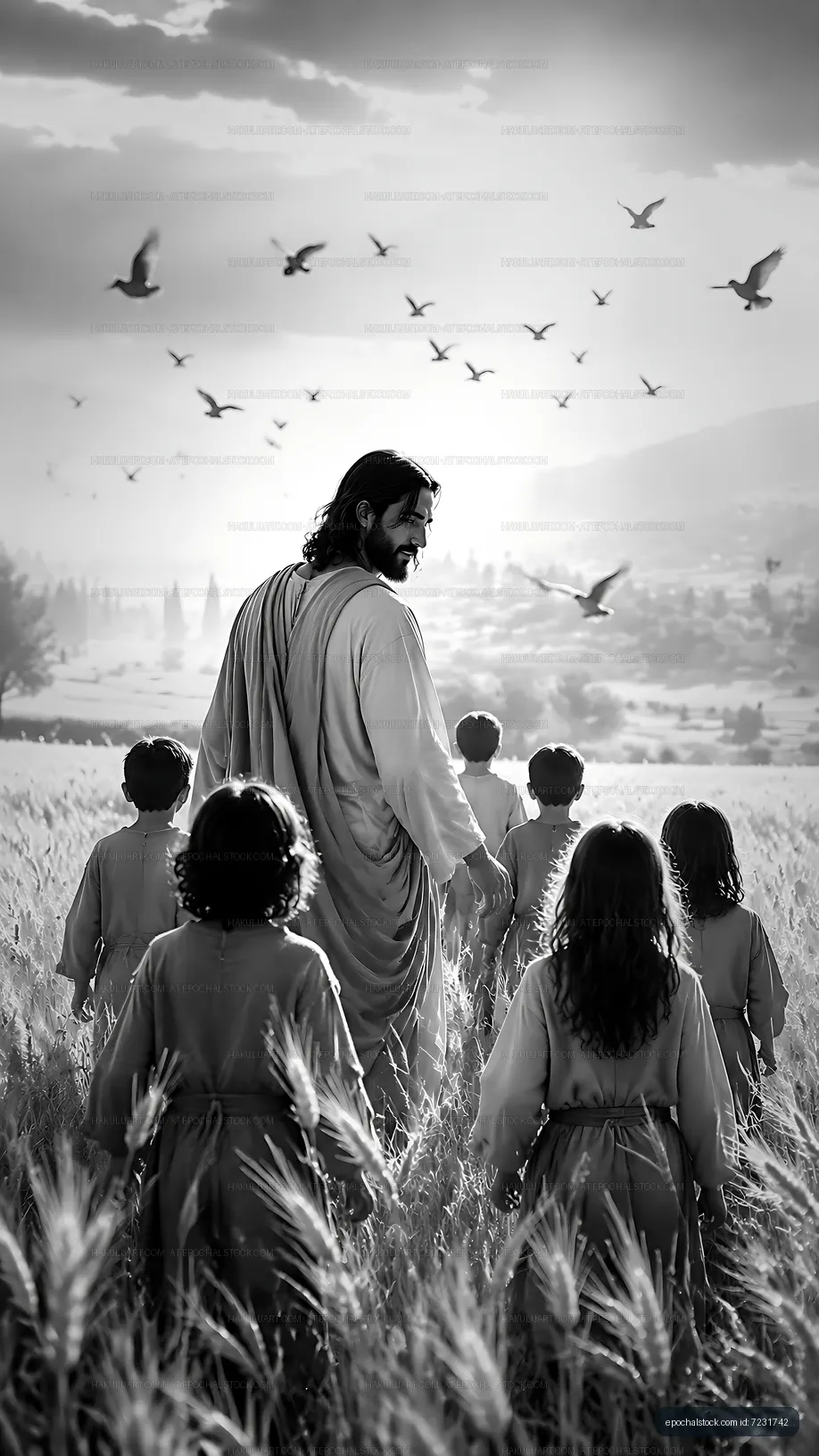 Jesus walking in a field with children during a sunny day