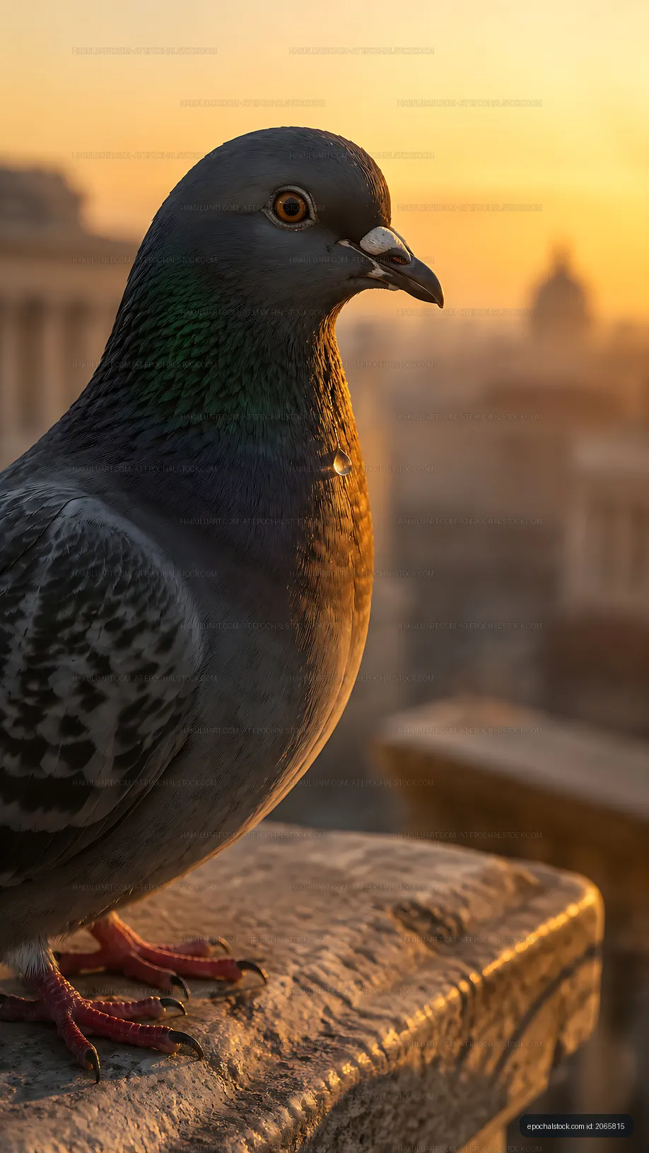 Pigeon perched on a ledge during sunset in the city