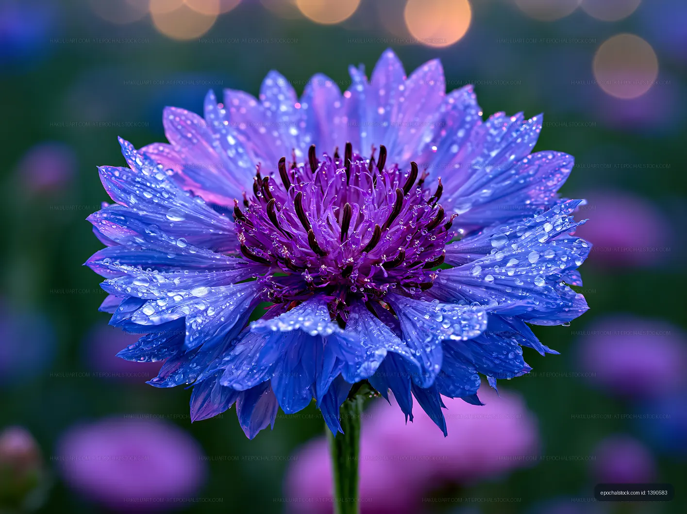 Vibrant blue flower with water droplets in a garden setting