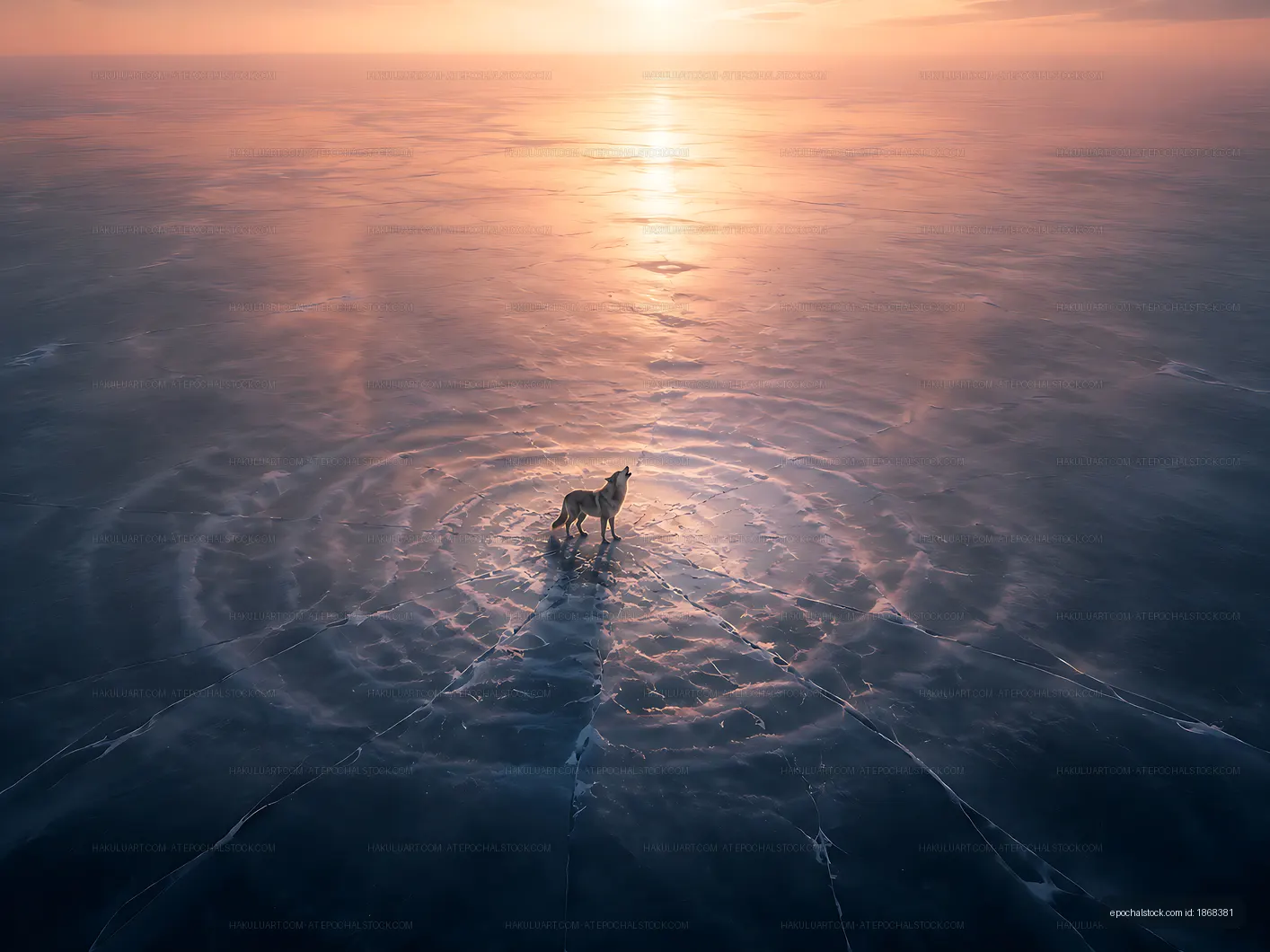 Wolf standing alone on frozen lake at sunset