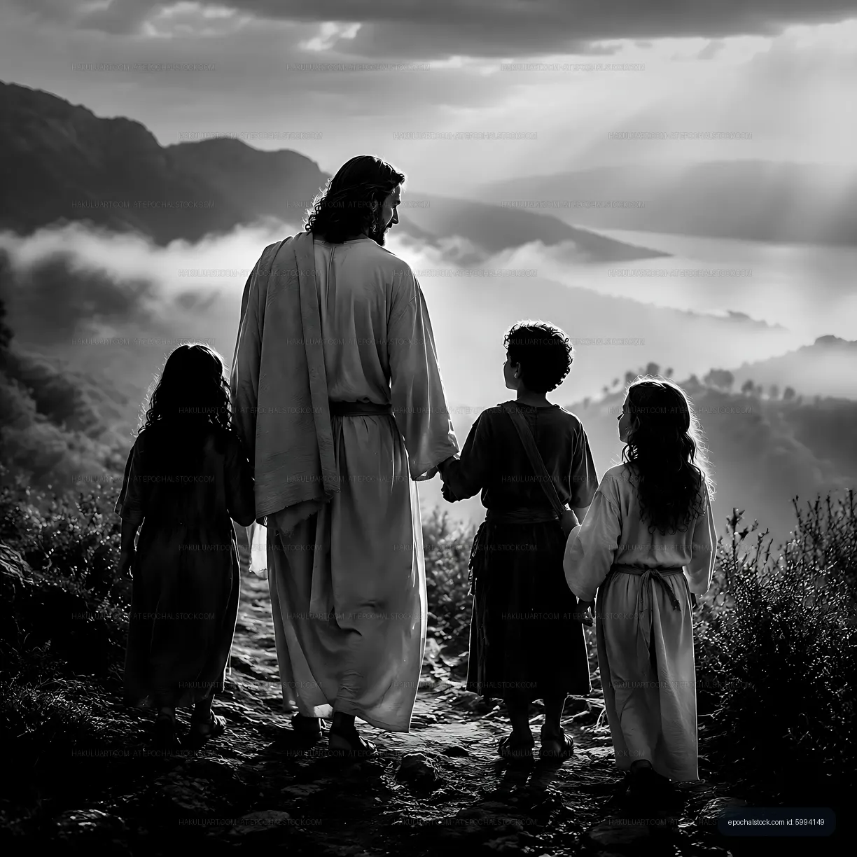 Figure walks with children on a path overlooking a valley