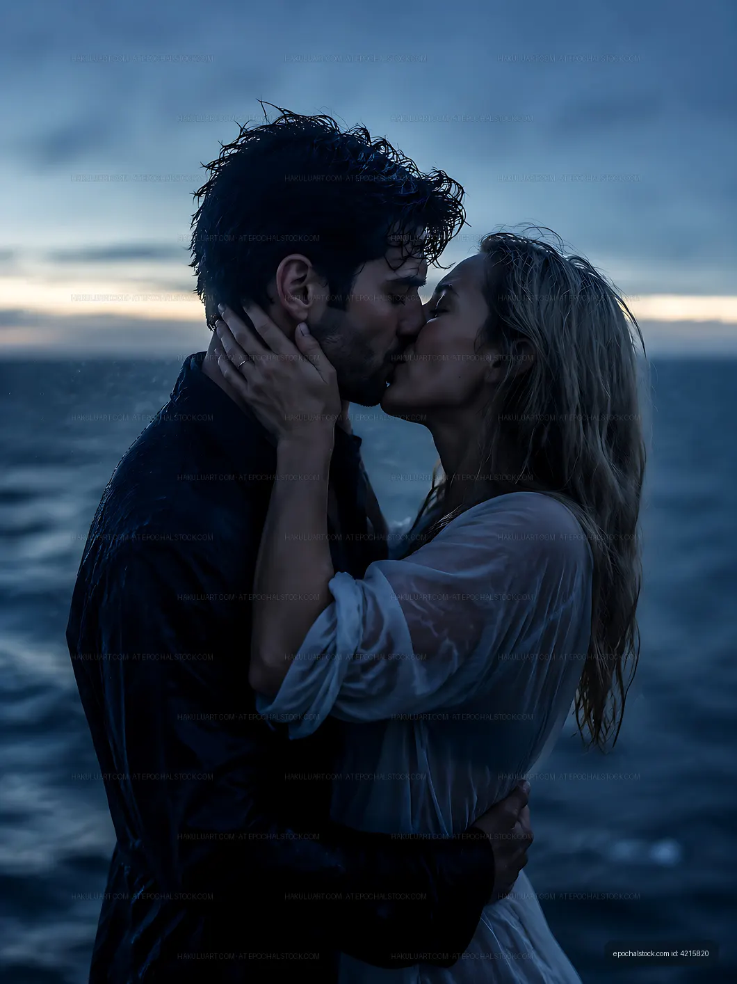 Couple kissing by the ocean during a gray sunset