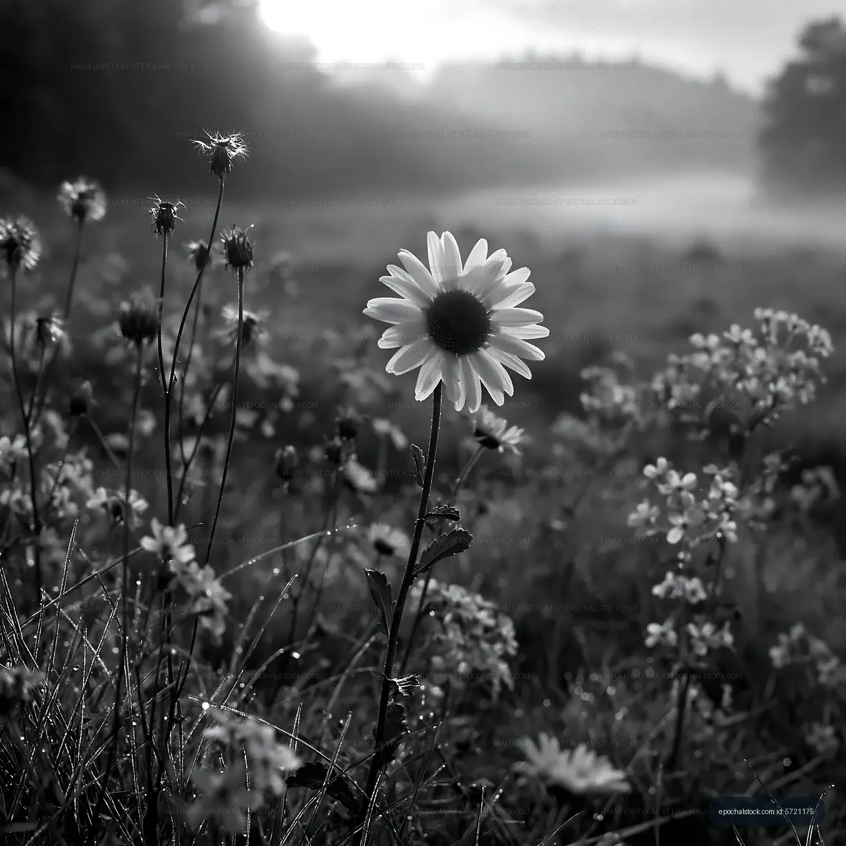 Black and white scene of a daisy in a field of wildflowers