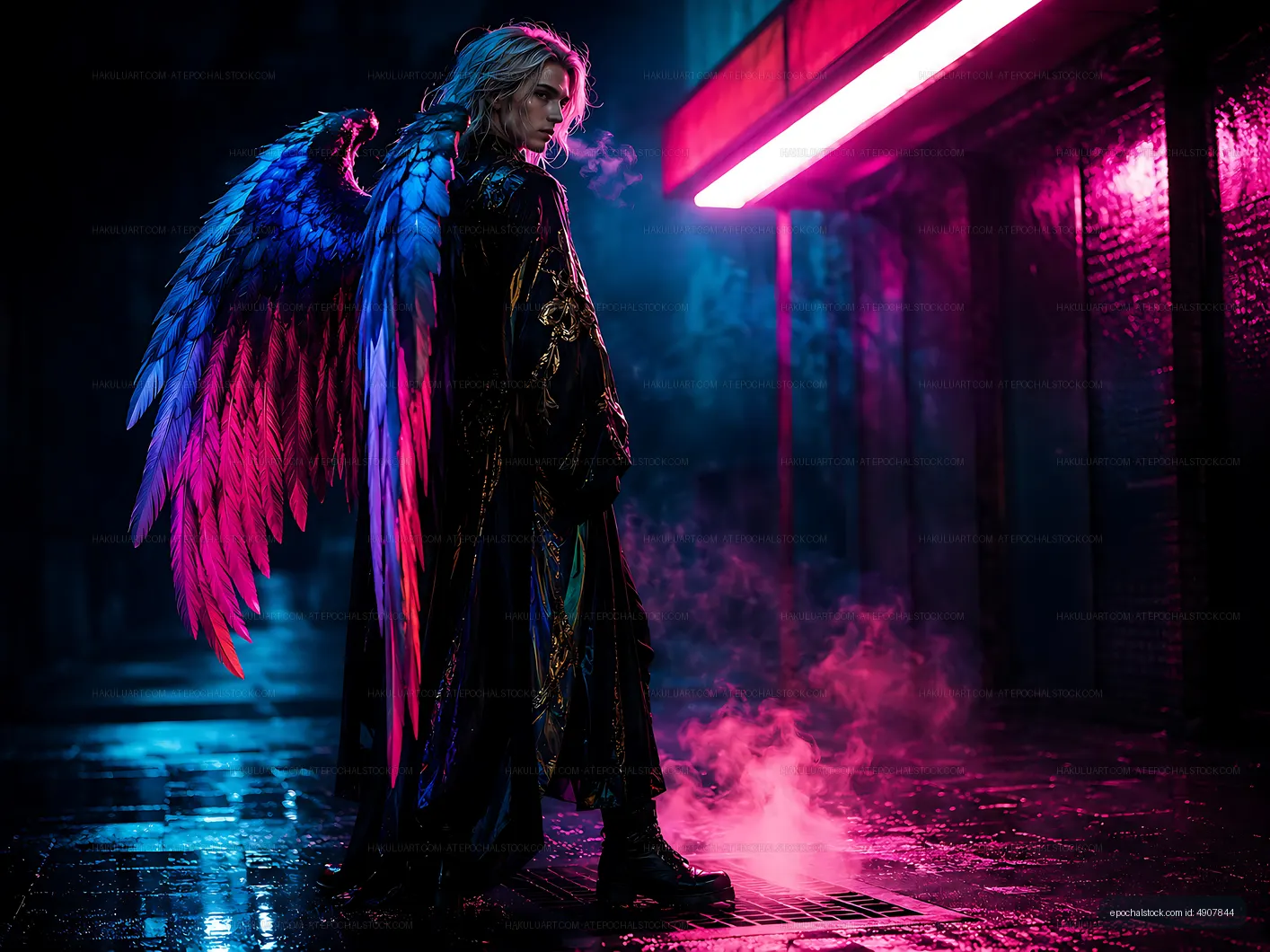 Person with wings stands under neon lights at night