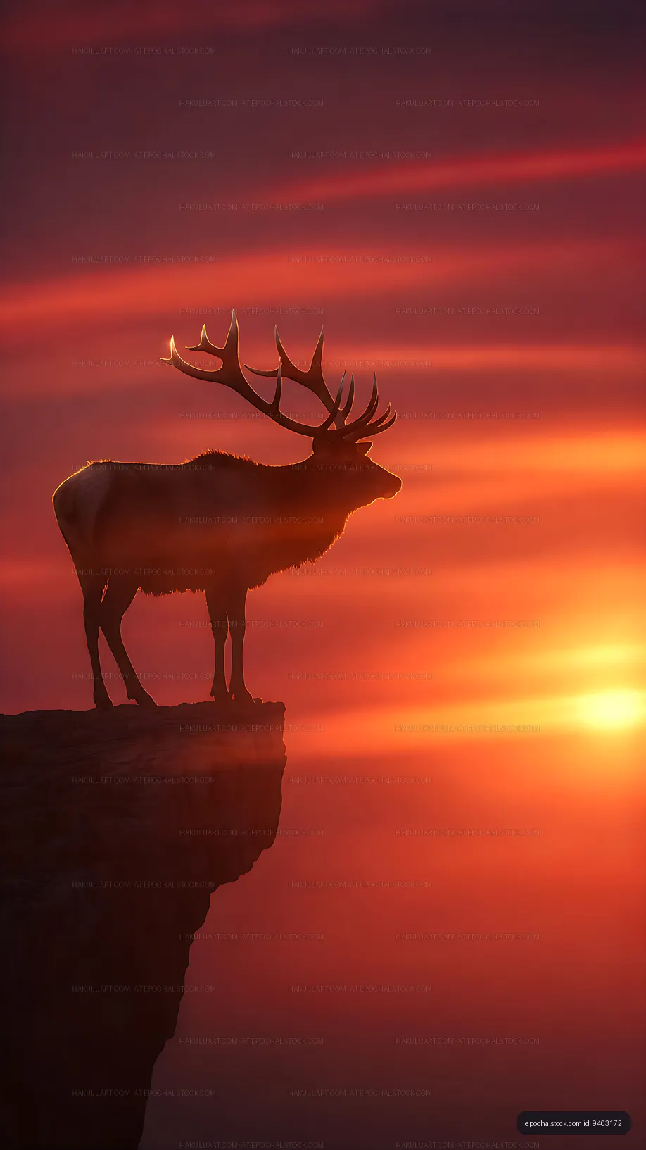 Silhouette of deer at sunset on a rocky outcrop