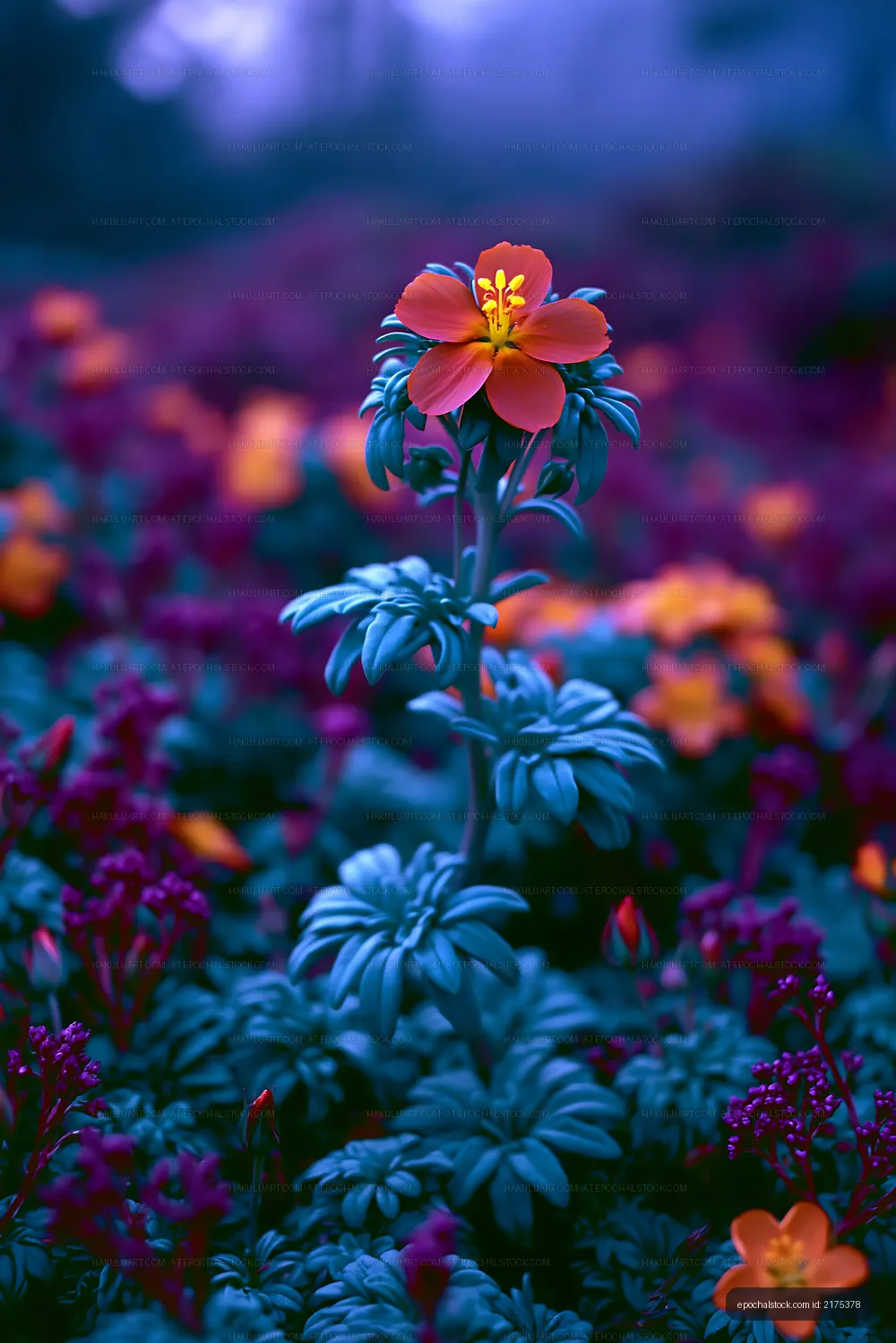Vibrant orange flower standing among purple blooms