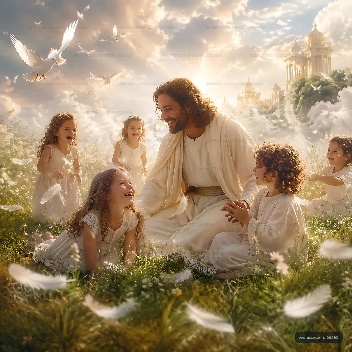 Children playing with man in white robe in a bright field