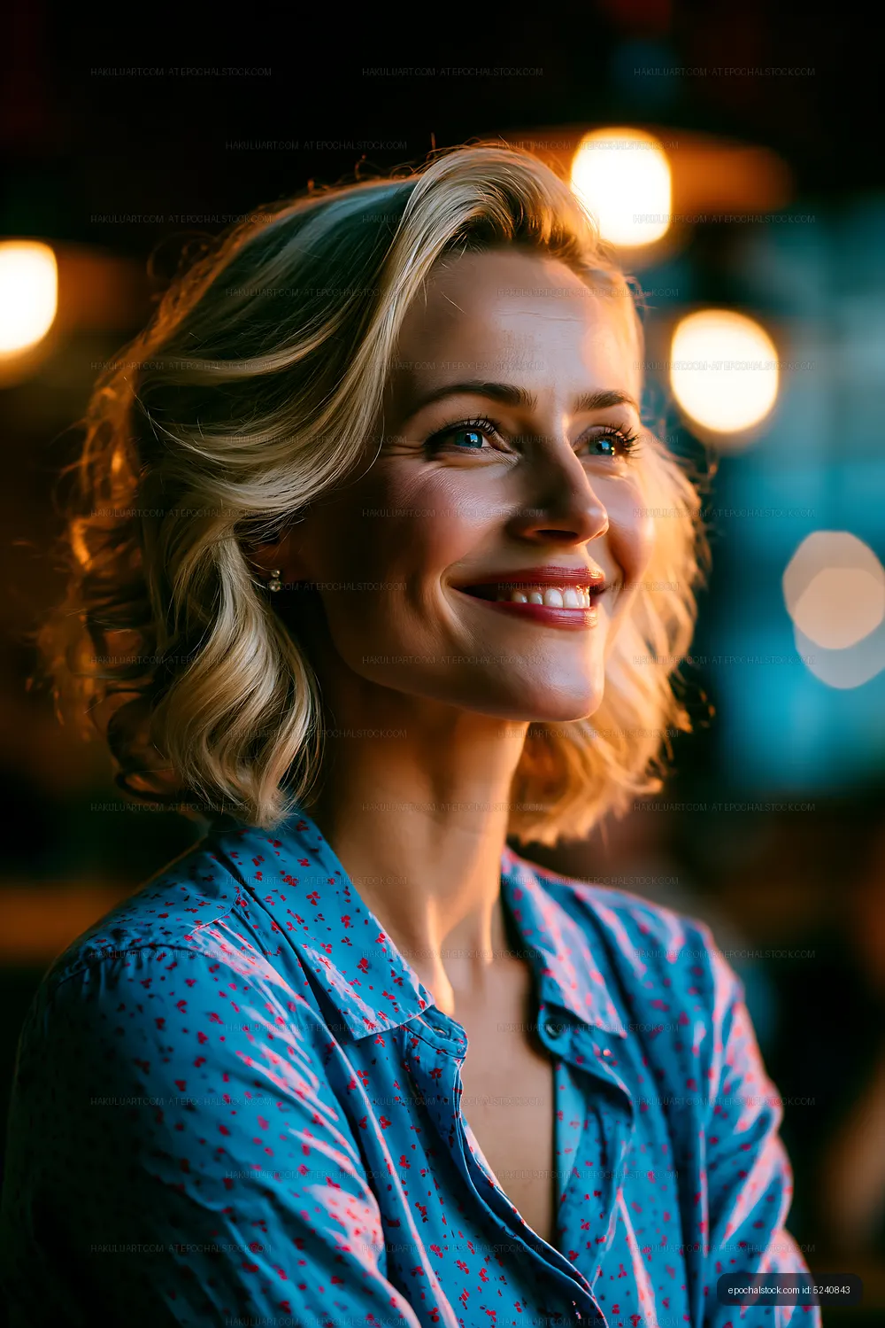 Woman smiling in a cozy cafe during evening hours