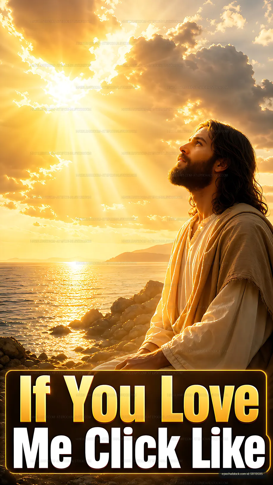 Man praying by the sea during sunset with rays of light