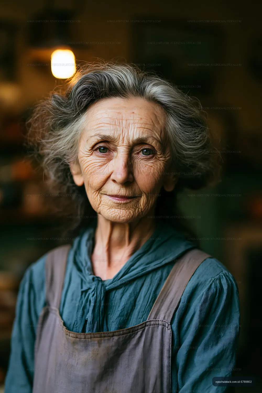 Elderly woman with grey hair in a blue blouse and apron
