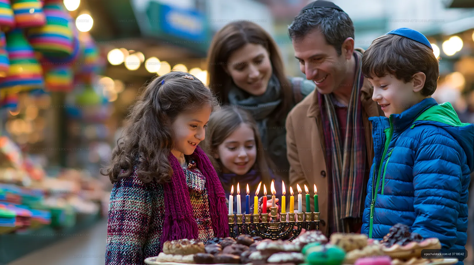 Family celebrates Hanukkah with menorah and treats at market