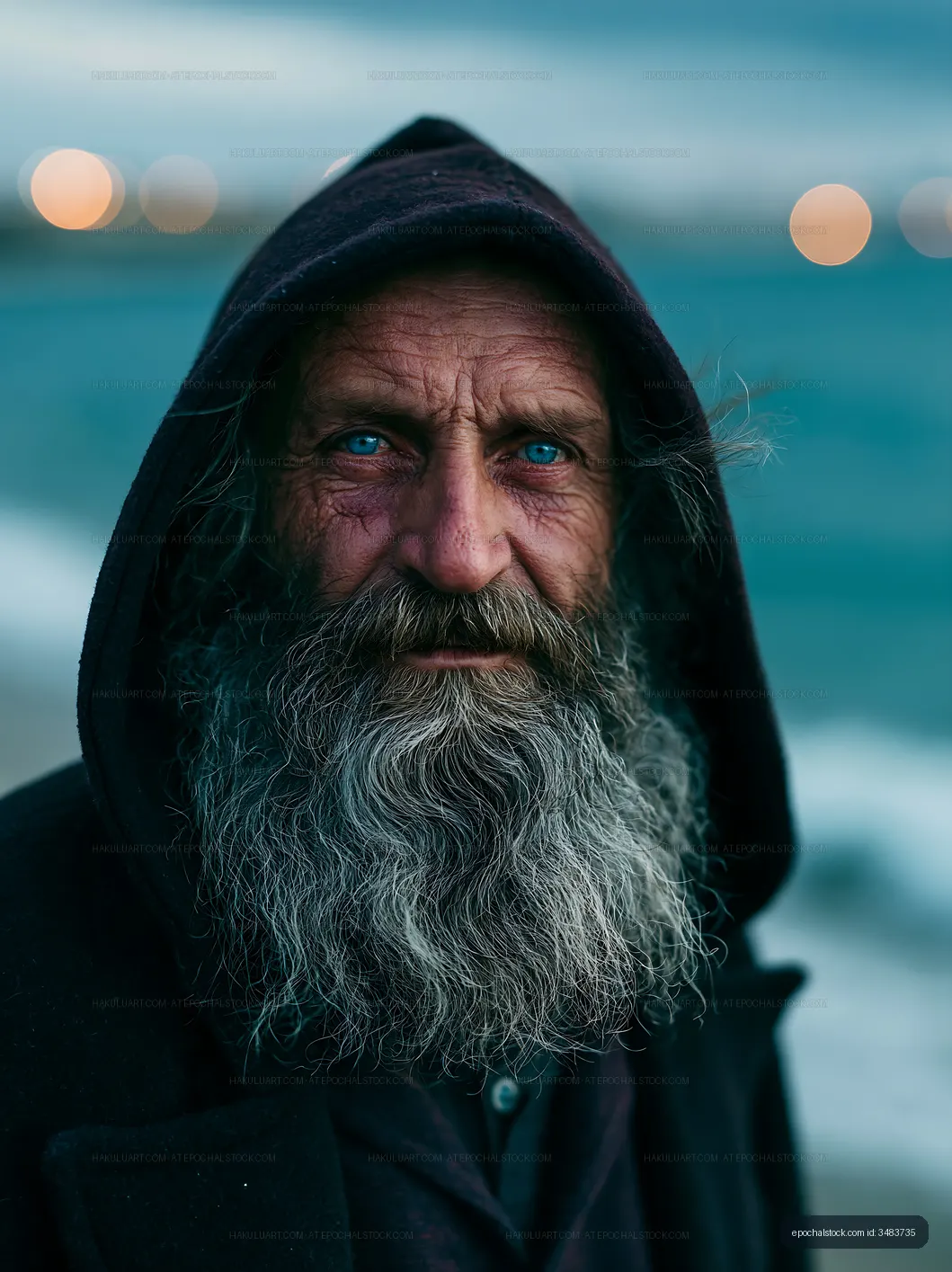Man with a beard wearing a hood by the ocean at dusk