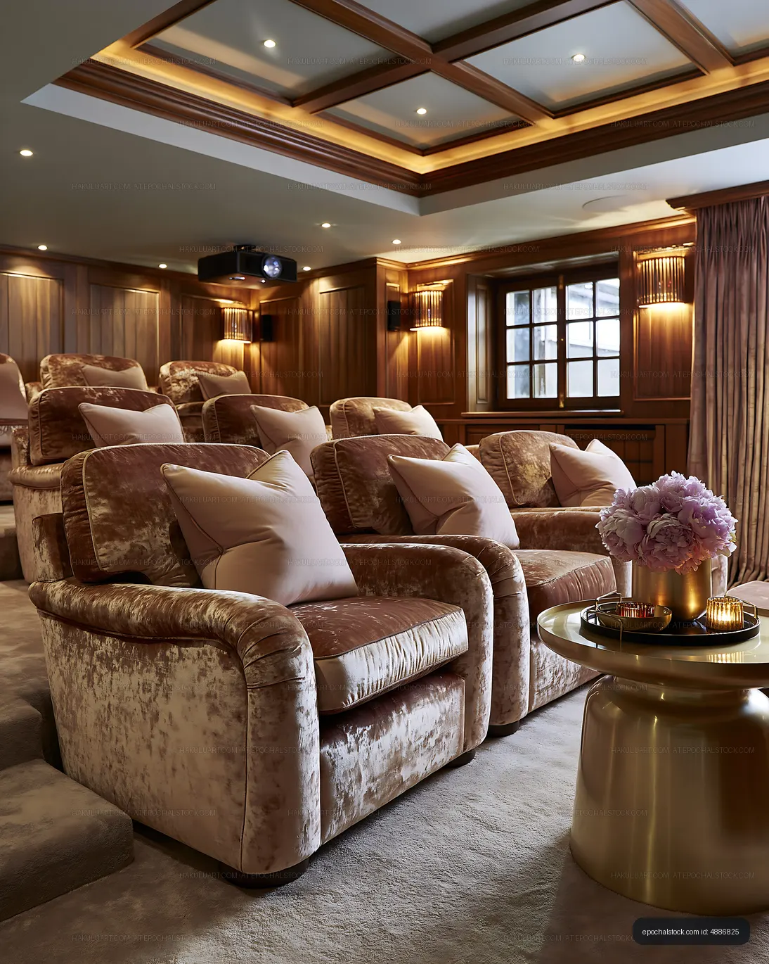 Home theater with plush seating and warm lighting
