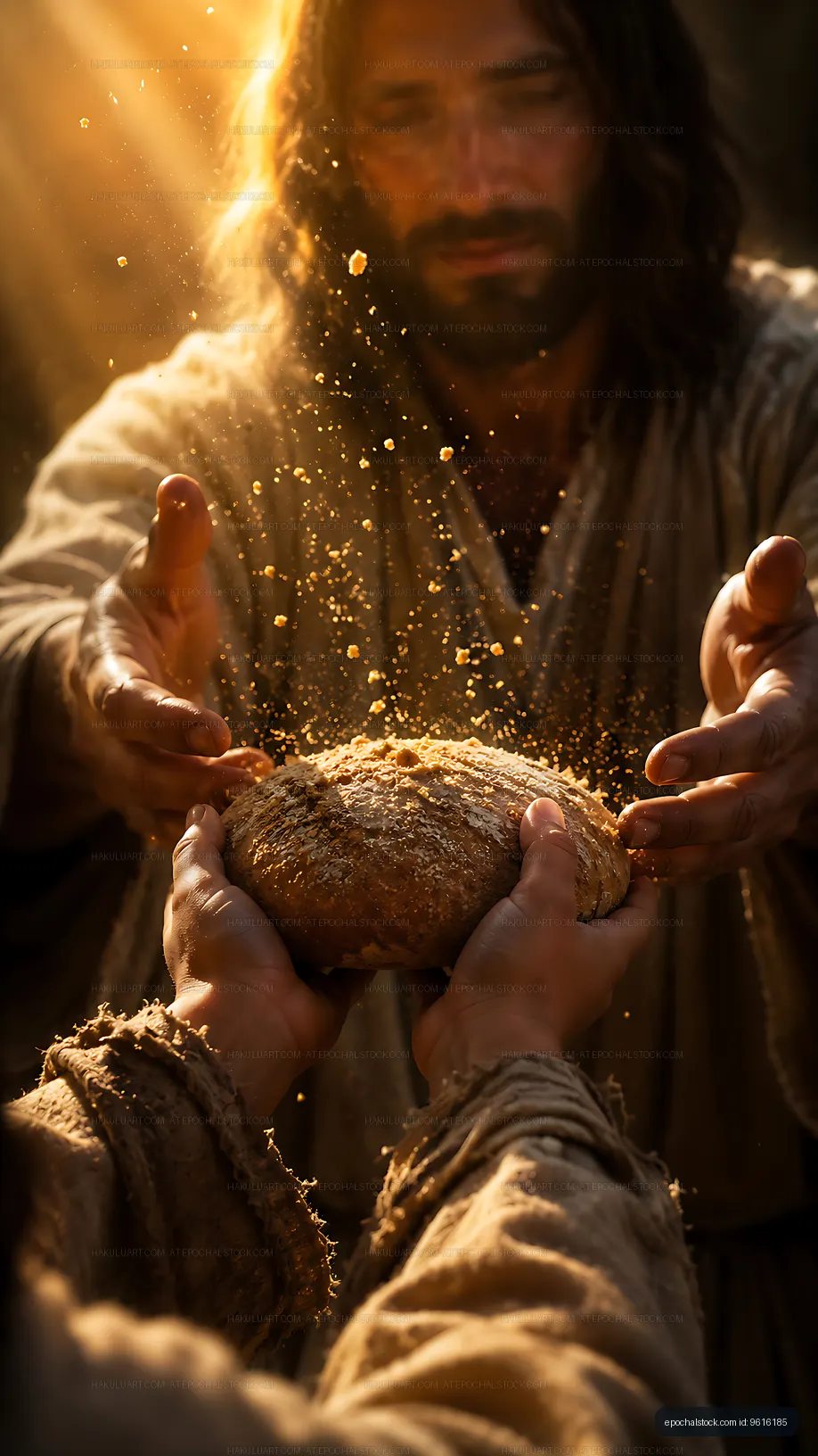 Man sharing bread with another person in warm light