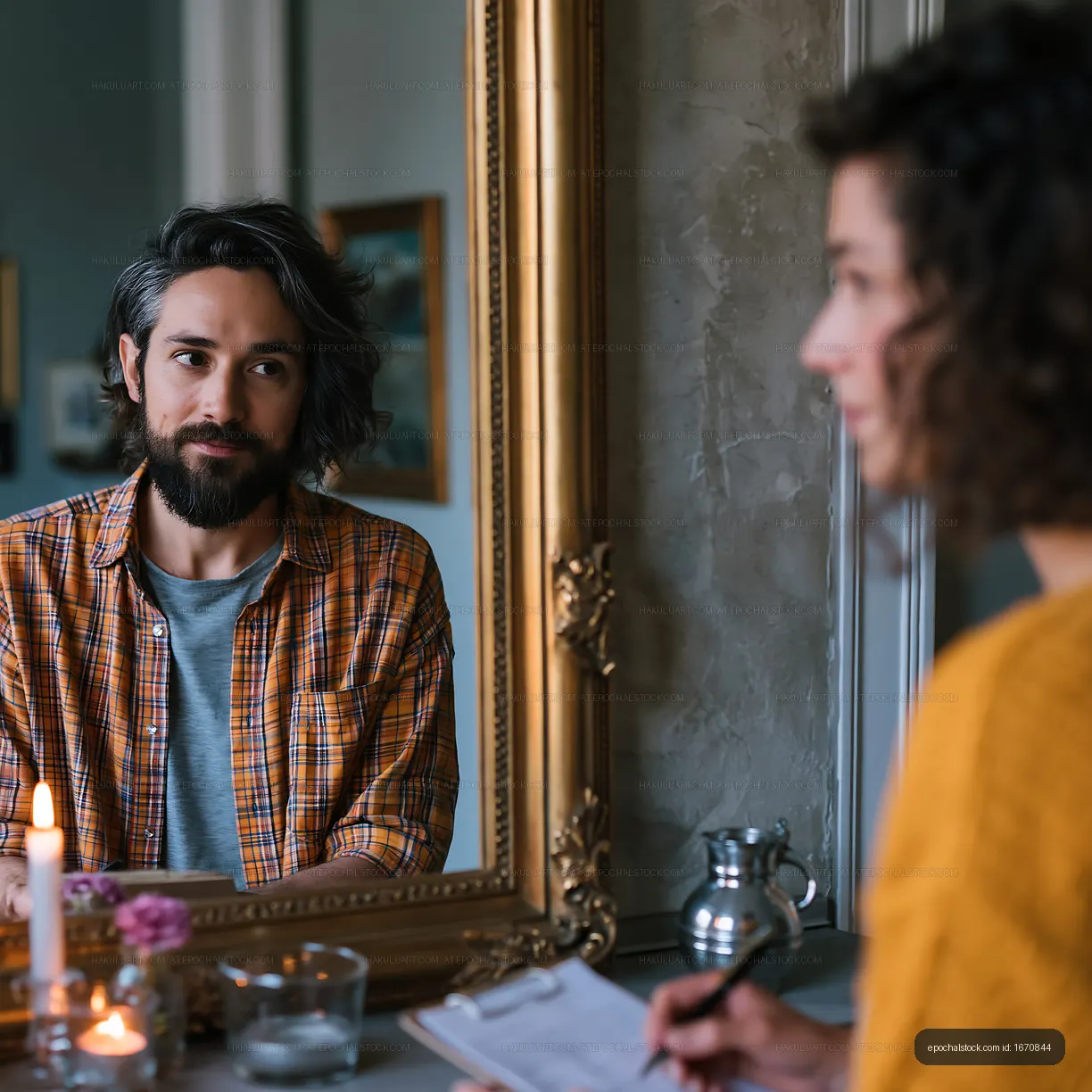 Man and woman engaged in conversation by a mirror in a cozy setting