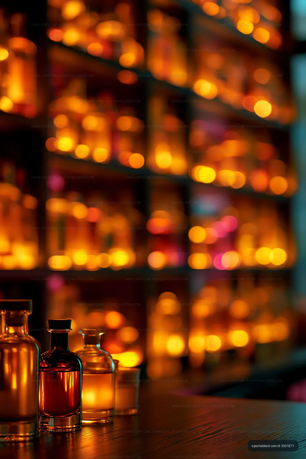 Bottles on a wooden table in a dimly lit bar