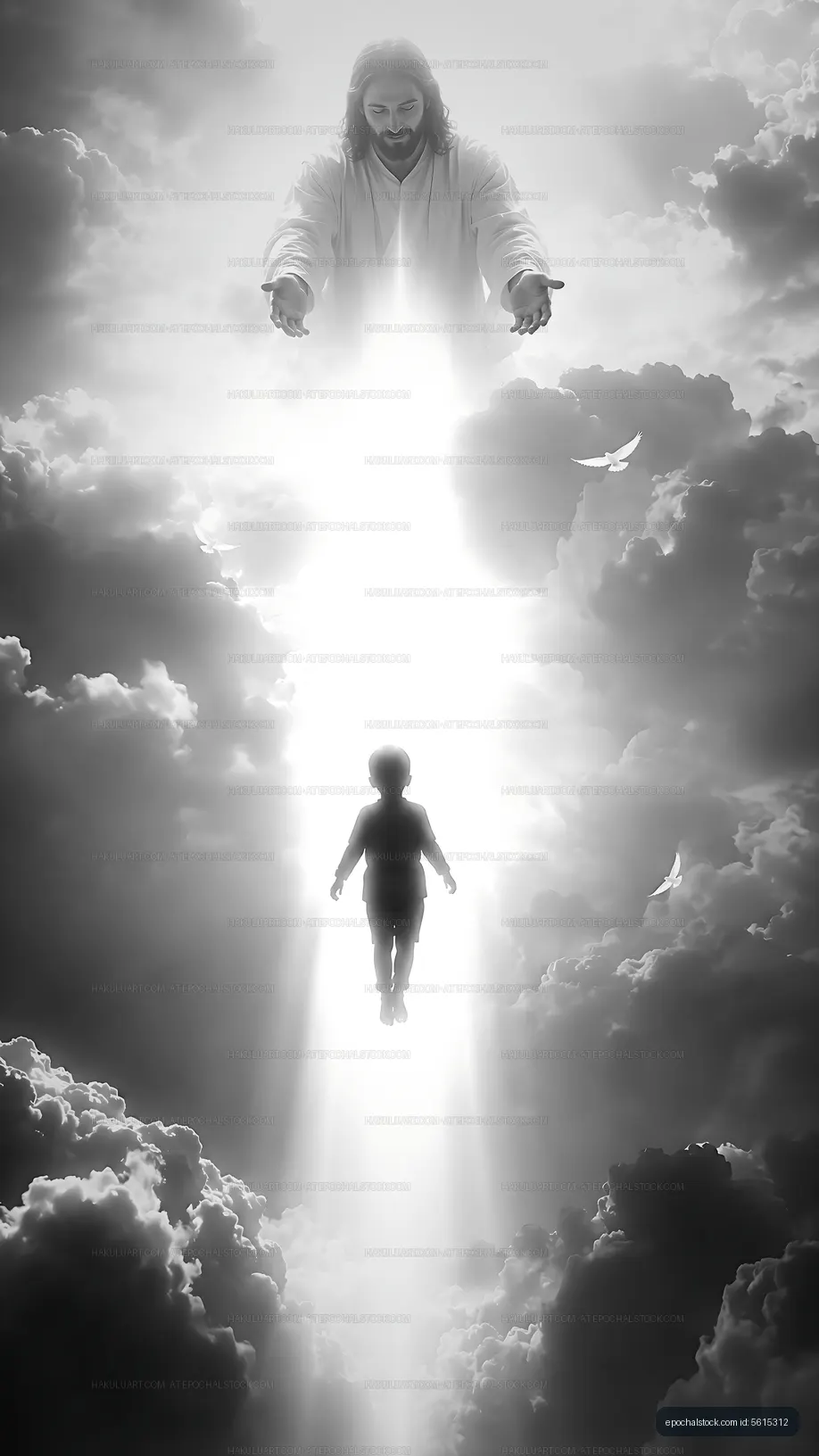 Child ascending towards a figure in the clouds