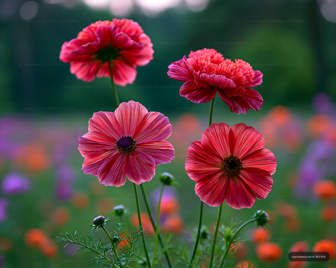 Colorful flowers in a blooming field during sunset