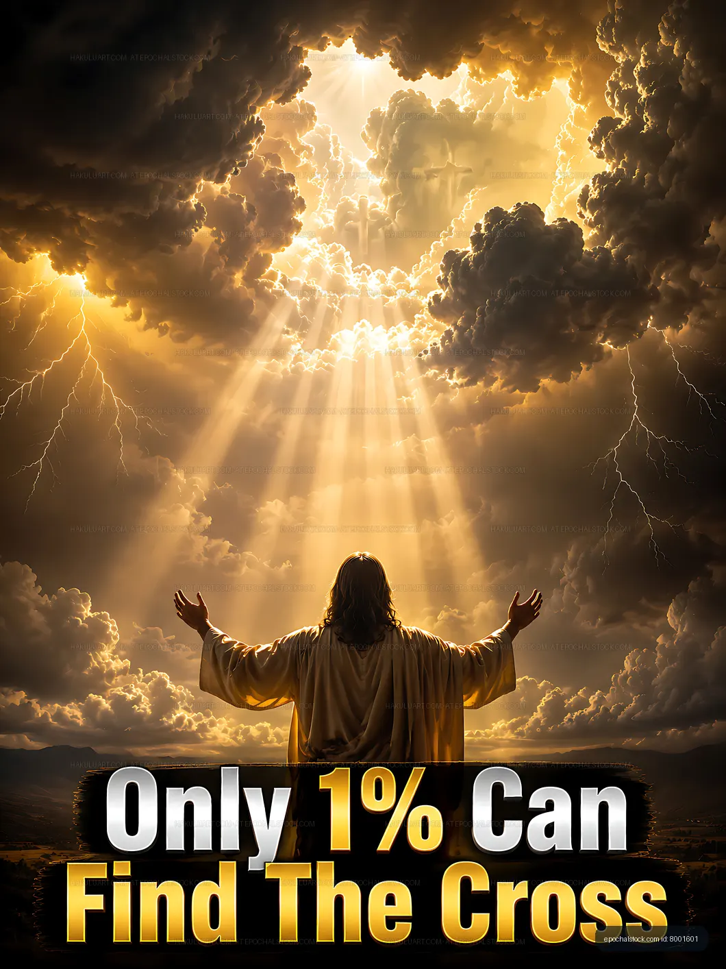 Religious figure with arms raised under dramatic clouds