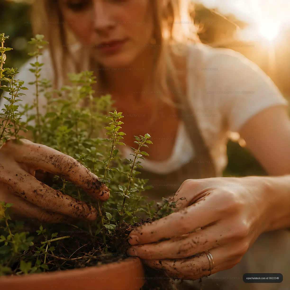 Gardener tending to plants in the evening light