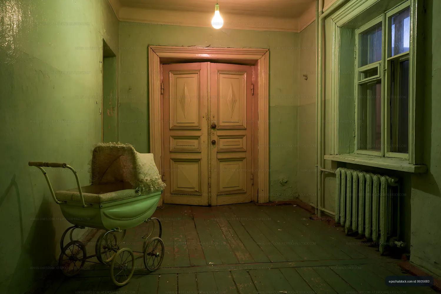 Old hallway with a baby stroller in a vintage apartment