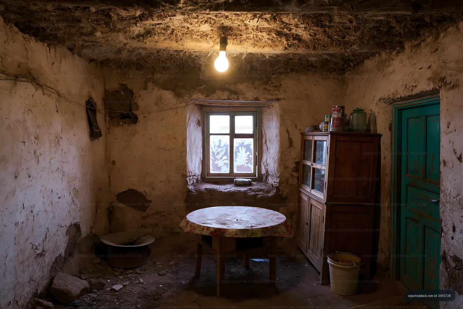 Interior of an old rustic room with a table and window
