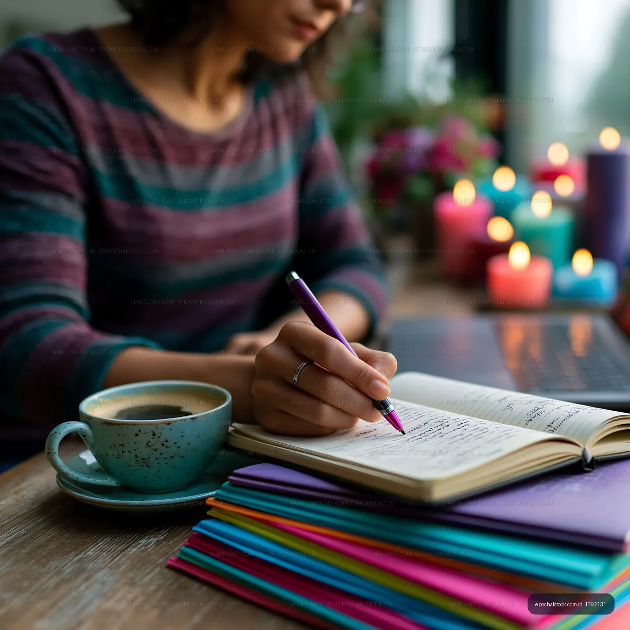 Writing notes with colorful paper and coffee on a wooden table