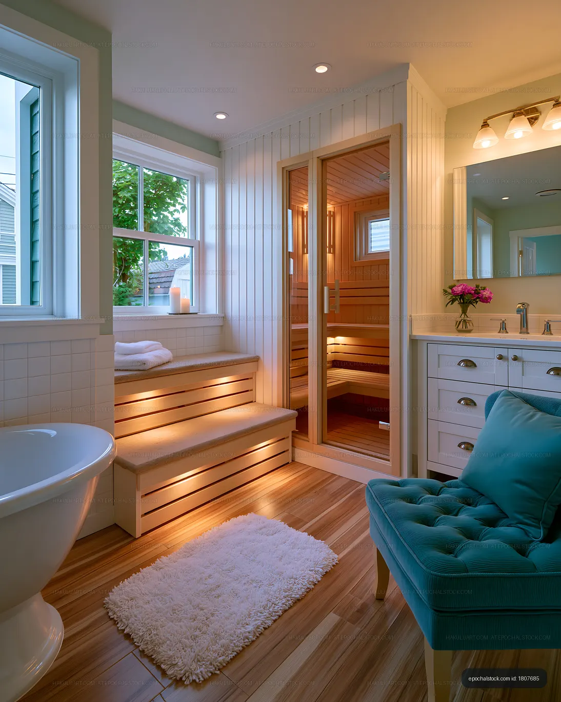 Modern bathroom with sauna and natural lighting