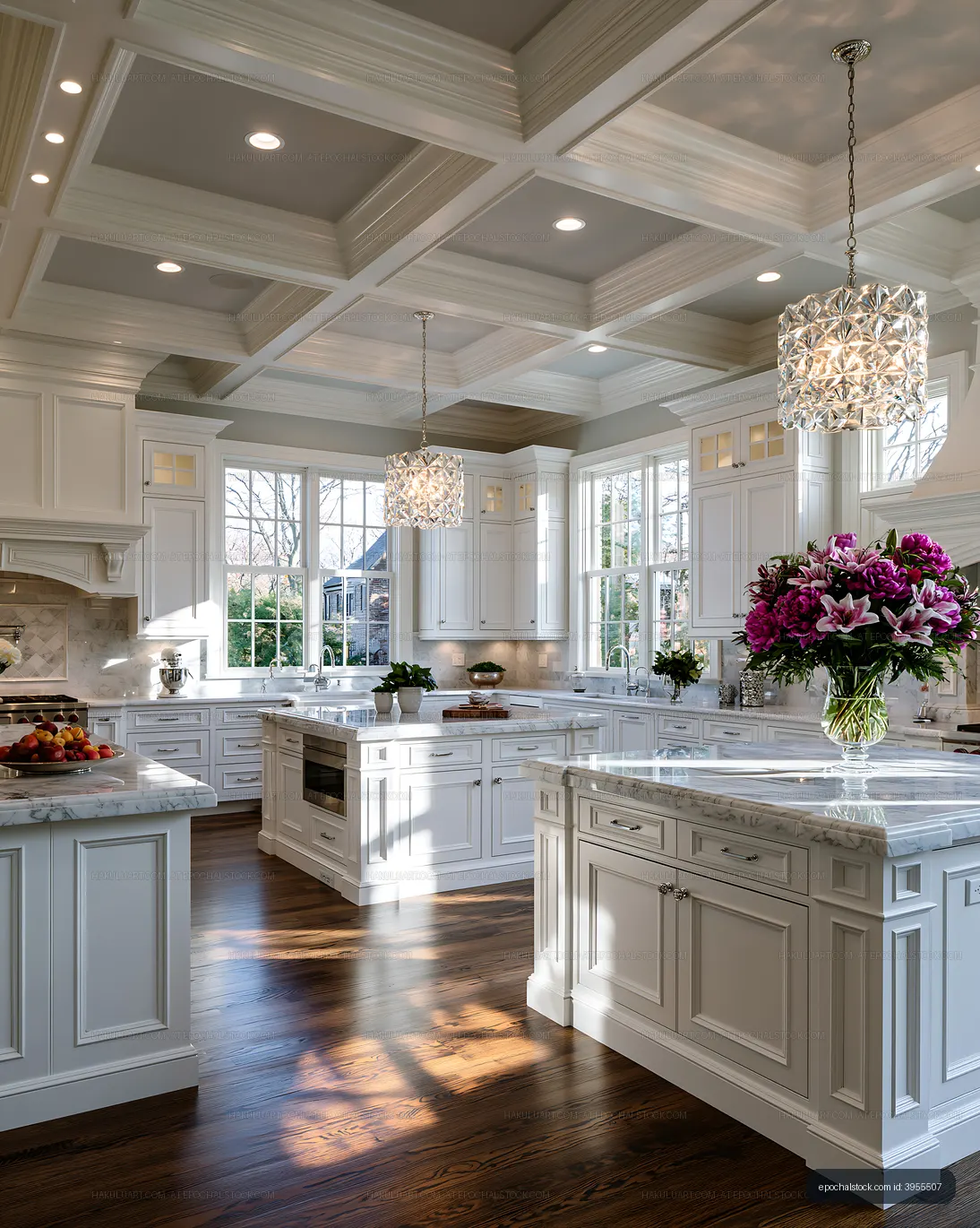 Modern kitchen with bright natural light and floral centerpiece