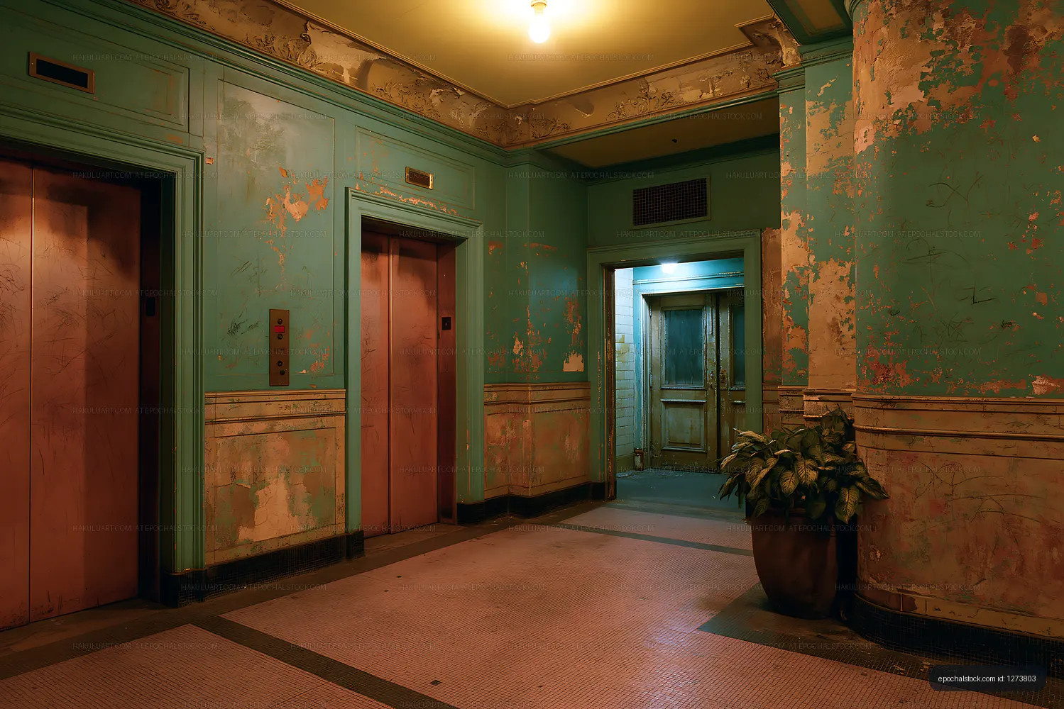 Old worn elevator hallway in building with peeling paint