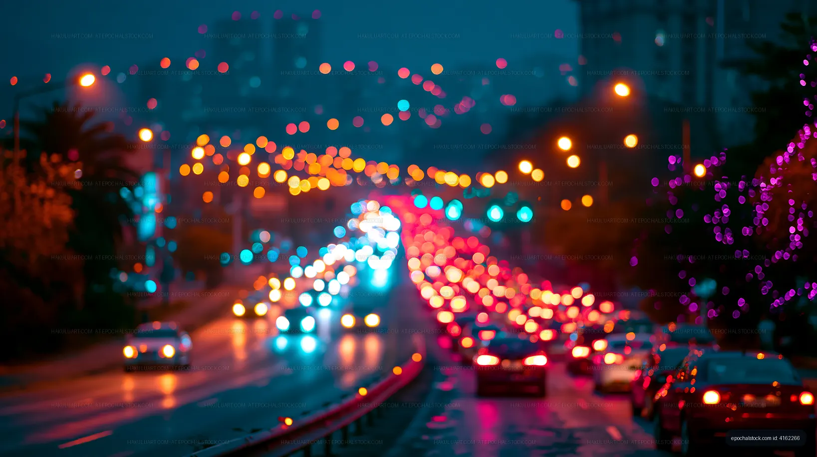 City street filled with car lights during an evening