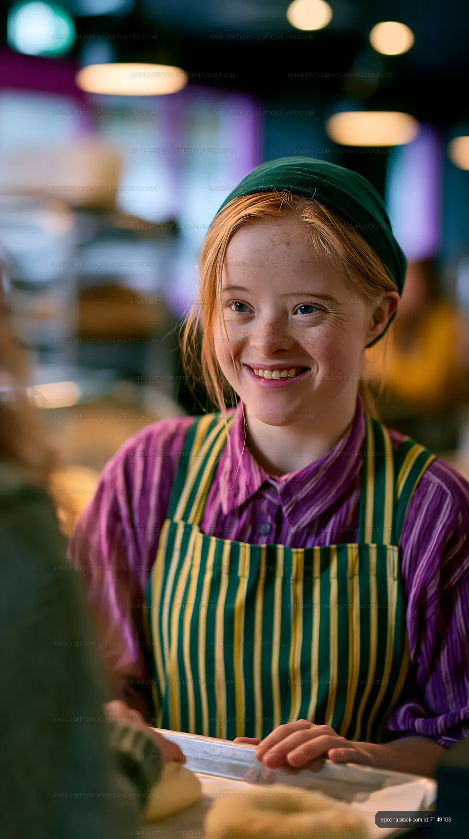 Young woman in a bakery smiles while serving a customer