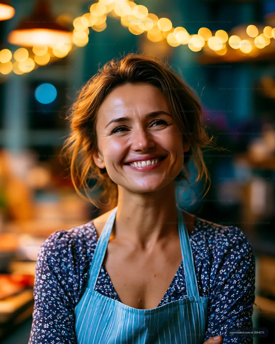 Woman smiling in a cozy cafe with soft lights