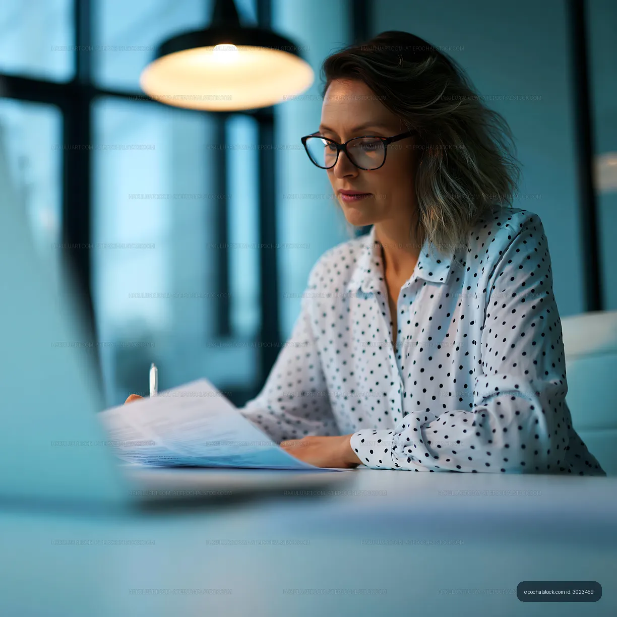 Woman working at a desk with papers in a modern office